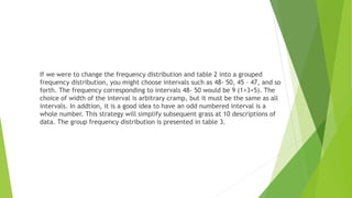 If we were to change the frequency distribution and table 2 into a grouped
frequency distribution, you might choose intervals such as 48- 50, 45 – 47, and so
forth. The frequency corresponding to intervals 48- 50 would be 9 (1+3+5). The
choice of width of the interval is arbitrary cramp, but it must be the same as all
intervals. In addtion, it is a good idea to have an odd numbered interval is a
whole number. This strategy will simplify subsequent grass at 10 descriptions of
data. The group frequency distribution is presented in table 3.
 