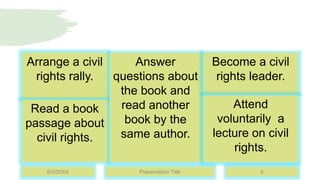 Arrange a civil
rights rally.
Read a book
passage about
civil rights.
Answer
questions about
the book and
read another
book by the
same author.
Become a civil
rights leader.
Attend
voluntarily a
lecture on civil
rights.
9/3/20XX Presentation Title 5
 