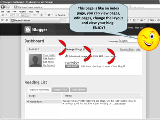 This page is like an index page, you can view pages, edit pages, change the layout and view your blog.  ENJOY! 