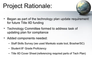 Project Rationale: Began as part of the technology plan update requirement for future Title IID funding Technology Committee formed to address task of updating plan for compliance Added components needed: Staff Skills Survey (we used Mankato scale tool, Brasher/SC)  Student 8 th  Grade Proficiency Title IID Cover Sheet (referencing required parts of Tech Plan) 