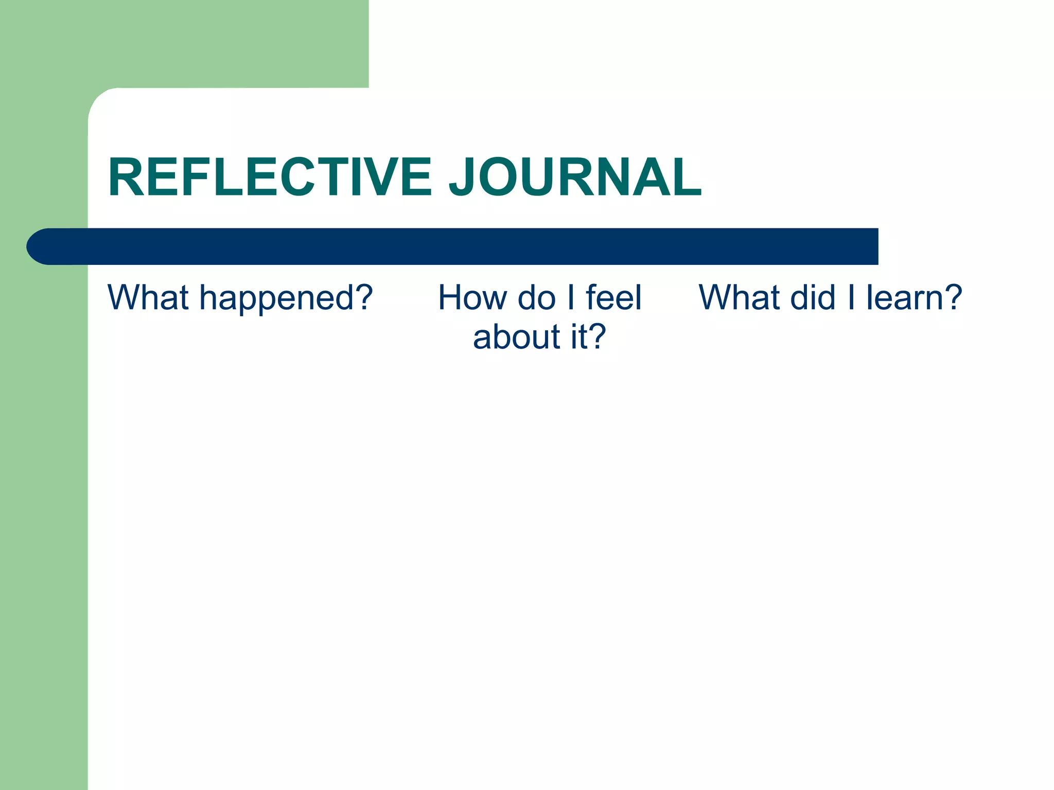 REFLECTIVE JOURNAL
What happened?

How do I feel
about it?

What did I learn?

 