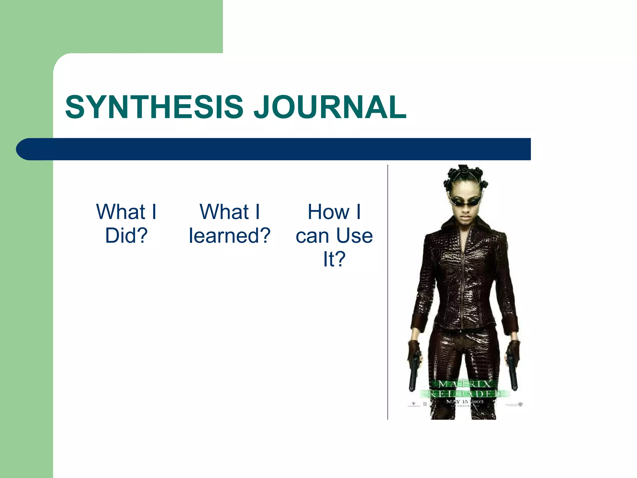 SYNTHESIS JOURNAL
What I
Did?

What I
learned?

How I
can Use
It?

 