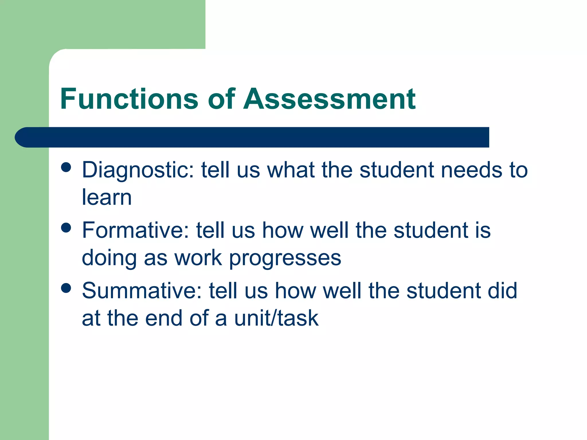 Functions of Assessment
 Diagnostic:

tell us what the student needs to

learn
 Formative: tell us how well the student is
doing as work progresses
 Summative: tell us how well the student did
at the end of a unit/task

 