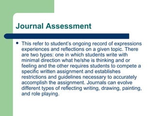Journal Assessment


This refer to student’s ongoing record of expressions
experiences and reflections on a given topic. There
are two types: one in which students write with
minimal direction what he/she is thinking and or
feeling and the other requires students to compete a
specific written assignment and establishes
restrictions and guidelines necessary to accurately
accomplish the assignment. Journals can evolve
different types of reflecting writing, drawing, painting,
and role playing.

 