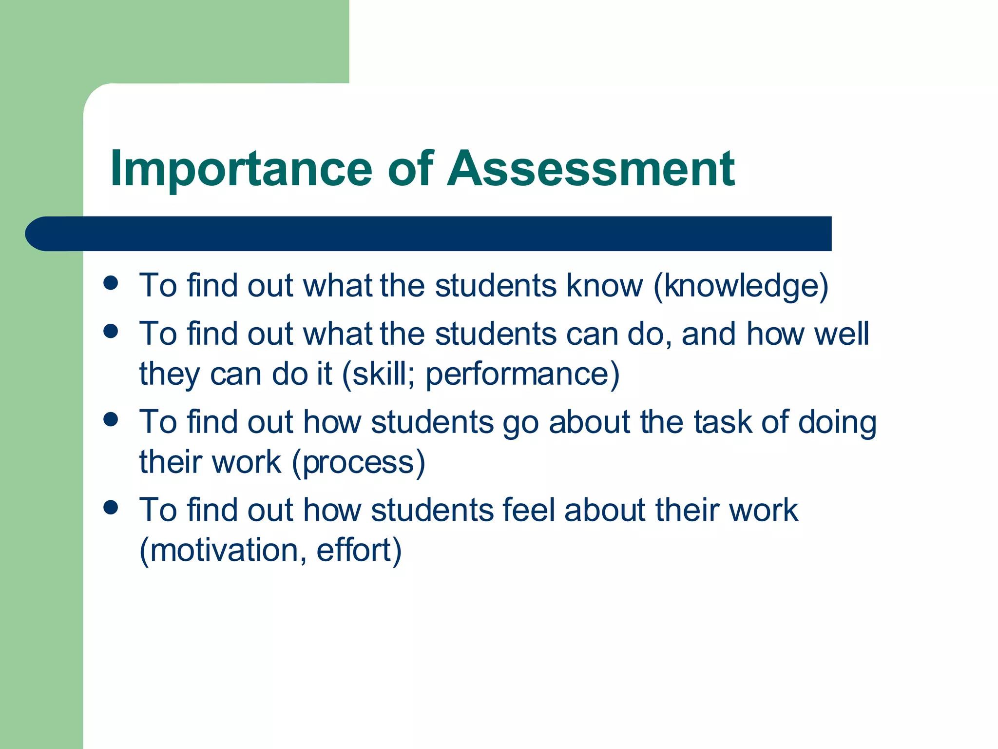 Importance of Assessment To find out what the students know (knowledge) To find out what the students can do, and how well they can do it (skill; performance) To find out how students go about the task of doing their work (process) To find out how students feel about their work (motivation, effort) 