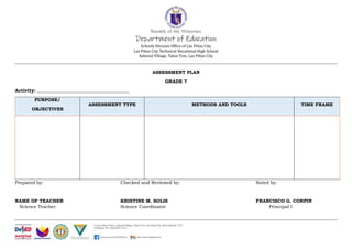 Republic of the Philippines
Department of Education
Schools Division Office of Las Piñas City
Las Piñas City Technical-Vocational High School
Admiral Village, Talon Tres, Las Piñas City
ASSESSMENT PLAN
GRADE 7
Activity: ________________________________________
PURPOSE/
OBJECTIVES
ASSESSMENT TYPE METHODS AND TOOLS TIME FRAME
Prepared by: Checked and Reviewed by: Noted by:
NAME OF TEACHER KRISTINE M. SOLIS FRANCISCO G. CORPIN
Science Teacher Science Coordinator Principal I
 
