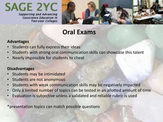 Oral Exams
Advantages
• Students can fully express their ideas
• Students with strong oral communication skills can showcase this talent
• Nearly impossible for students to cheat
Disadvantages
• Students may be intimidated
• Students are not anonymous
• Students with weak communication skills may be negatively impacted
• Only a limited number of topics can be tested in an allotted amount of time
• Evaluation is subjective unless a validated and reliable rubric is used
*presentation topics can match possible questions
 