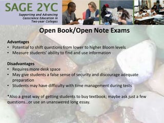 Open Book/Open Note Exams
Advantages
• Potential to shift questions from lower to higher Bloom levels
• Measure students’ ability to find and use information
Disadvantages
• Requires more desk space
• May give students a false sense of security and discourage adequate
preparation
• Students may have difficulty with time management during tests
*Also a great way of getting students to buy textbook; maybe ask just a few
questions…or use an unanswered long essay.
 