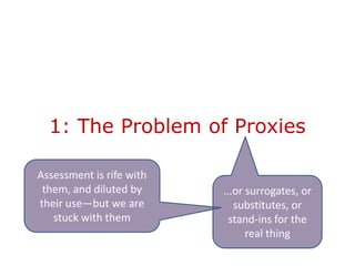 1: The Problem of Proxies

Assessment is rife with
 them, and diluted by     ...or surrogates, or
their use—but we are         substitutes, or
   stuck with them          stand-ins for the
                                real thing
 