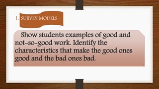 1. SURVEY MODELS
Show students examples of good and
not-so-good work. Identify the
characteristics that make the good ones
good and the bad ones bad.
 