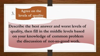 3.
Agree on the
levels of quality
Describe the best answer and worst levels of
quality, then fill in the middle levels based
on your knowledge of common problem
the discussion of not-so-good work.
 