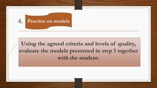 4.
Using the agreed criteria and levels of quality,
evaluate the models presented in step 1 together
with the student.
Practice on models
 