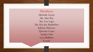 Members:
Michelle Zonio
Ma. Mae Paz
Ma. Luz Lago
Ma. Kia Joy Madrelino
Julimar Meteoro
Queenie Cusay
Analyn Liba
Lyza Balbino
Lovely
 