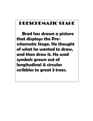 PRESCHEMATIC STAGE

   Brad has drawn a picture
that displays the Pre-
schematic Stage. He thought
of what he wanted to draw,
and then drew it. He used
symbols grown out of
longitudinal & circular
scribbles to great 3 trees.
 