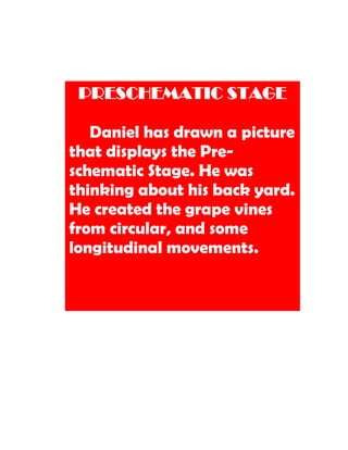 PRESCHEMATIC STAGE

   Daniel has drawn a picture
that displays the Pre-
schematic Stage. He was
thinking about his back yard.
He created the grape vines
from circular, and some
longitudinal movements.
 