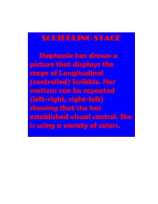 SCRIBBLING STAGE

    Stephanie has drawn a
picture that displays the
stage of Longitudinal
(controlled) Scribble. Her
motions can be repeated
(left-right, right-left)
showing that she has
established visual control. She
is using a variety of colors.
 