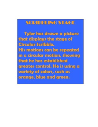 SCRIBBLING STAGE

   Tyler has drawn a picture
that displays the stage of
Circular Scribble.
His motions can be repeated
in a circular motion, showing
that he has established
greater control. He is using a
variety of colors, such as
orange, blue and green.
 