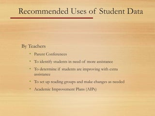 Recommended Uses of Student Data
By Teachers
• Parent Conferences
• To identify students in need of more assistance
• To determine if students are improving with extra
assistance
• To set up reading groups and make changes as needed
• Academic Improvement Plans (AIPs)
 