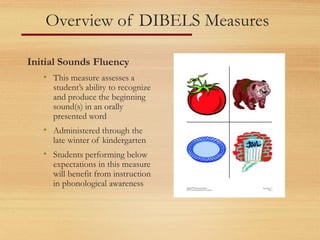 Overview of DIBELS Measures
Initial Sounds Fluency
• This measure assesses a
student’s ability to recognize
and produce the beginning
sound(s) in an orally
presented word
• Administered through the
late winter of kindergarten
• Students performing below
expectations in this measure
will benefit from instruction
in phonological awareness
 
