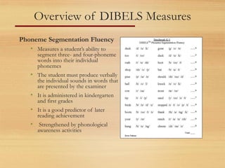 Overview of DIBELS Measures
Phoneme Segmentation Fluency
• Measures a student’s ability to
segment three- and four-phoneme
words into their individual
phonemes
• The student must produce verbally
the individual sounds in words that
are presented by the examiner
• It is administered in kindergarten
and first grades
• It is a good predictor of later
reading achievement
• Strengthened by phonological
awareness activities
 