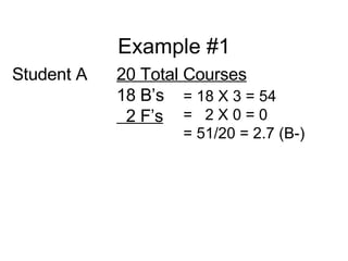 Example #1 Student A 20 Total Courses 18 B’s     2 F’s = 18 X 3 = 54 =  2 X 0 = 0 = 51/20 = 2.7 (B-) 