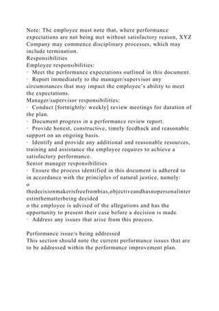 Note: The employee must note that, where performance
expectations are not being met without satisfactory reason, XYZ
Company may commence disciplinary processes, which may
include termination.
Responsibilities
Employee responsibilities:
· Meet the performance expectations outlined in this document.
· Report immediately to the manager/supervisor any
circumstances that may impact the employee’s ability to meet
the expectations.
Manager/supervisor responsibilities:
· Conduct [fortnightly/ weekly] review meetings for duration of
the plan.
· Document progress in a performance review report.
· Provide honest, constructive, timely feedback and reasonable
support on an ongoing basis.
· Identify and provide any additional and reasonable resources,
training and assistance the employee requires to achieve a
satisfactory performance.
Senior manager responsibilities
· Ensure the process identified in this document is adhered to
in accordance with the principles of natural justice, namely:
o
thedecisionmakerisfreefrombias,objectiveandhasnopersonalinter
estinthematterbeing decided
o the employee is advised of the allegations and has the
opportunity to present their case before a decision is made.
· Address any issues that arise from this process.
Performance issue/s being addressed
This section should note the current performance issues that are
to be addressed within the performance improvement plan.
 