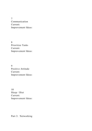 7
Communication
Current:
Improvement Ideas:
8
Prioritize Tasks
Current:
Improvement Ideas:
9
Positive Attitude
Current:
Improvement Ideas:
10
Sleep / Diet
Current:
Improvement Ideas:
Part 3: Networking
 