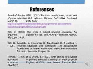 References
Board of Studies NSW. (2007). Personal development, health and
physical education K-6: syllabus. Sydney: BoS NSW. Retrieved
March 15,          2013 from,
http://k6.boardofstudies.nsw.edu.au/go/personal-development-
health-and-physical-education-pdhpe

Kirk, D. (1996). The crisis in school physical education: An
argument          against the tide. The ACHPER National Journal,
43(4), pp. 25-27.

Kirk, D., Nauright, J., Hanrahan, S., Macdonald, D. & Jobling, I.
(1996). Physical education and curriculum. The sociocultural
          foundations of human movement. Melbourne: Macmillan
          Education Australia. Chapter 10.

Tinning, R., Kirk, D. & Evans, J. (1993). What stands for physical
education          in primary schools? Learning to teach physical
education.         Englewood Cliffs, New Jersey: Prentice Hall.
Chapter 2.
 