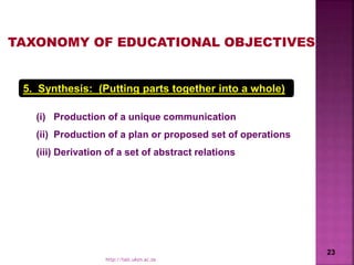 5. Synthesis: (Putting parts together into a whole)
(i) Production of a unique communication
(ii) Production of a plan or proposed set of operations
(iii) Derivation of a set of abstract relations
TAXONOMY OF EDUCATIONAL OBJECTIVES
23
http://talc.ukzn.ac.za
 