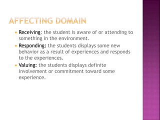  Receiving: the student is aware of or attending to
something in the environment.
 Responding: the students displays some new
behavior as a result of experiences and responds
to the experiences.
 Valuing: the students displays definite
involvement or commitment toward some
experience.
 