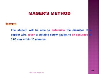 MAGER’S METHOD
The student will be able to determine the diameter of a
copper wire, given a suitable screw gauge, to an accuracy of
0.05 mm within 15 minutes.
Example:
40
http://talc.ukzn.ac.za
 