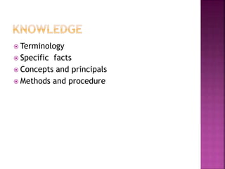  Terminology
 Specific facts
 Concepts and principals
 Methods and procedure
 
