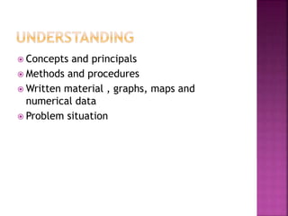  Concepts and principals
 Methods and procedures
 Written material , graphs, maps and
numerical data
 Problem situation
 