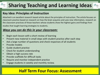 Sharing Teaching and Learning Ideas
Half Term Four Focus: Assessment
Key Idea: Principles of Instruction
Attached is an excellent research based article about the principles of instruction. The article focuses on
classroom practice based on research on how the brain acquires and uses new information, research on
the classroom practices of those teachers whose students show the highest gains and findings from
studies that taught learning strategies to students.
Ways you can do this in your classroom:
• Begin each lesson with a short review of learning
• Present new material in small steps with student practice after each step
• Ask a large number of questions and check responses of all students
• Provide models
• Guide student practice
• Check for student understanding
• Obtain a high success rate
• Provide scaffolds for difficult tasks
• Require and monitor independent practice
• Engage students in weekly and monthly review.
 