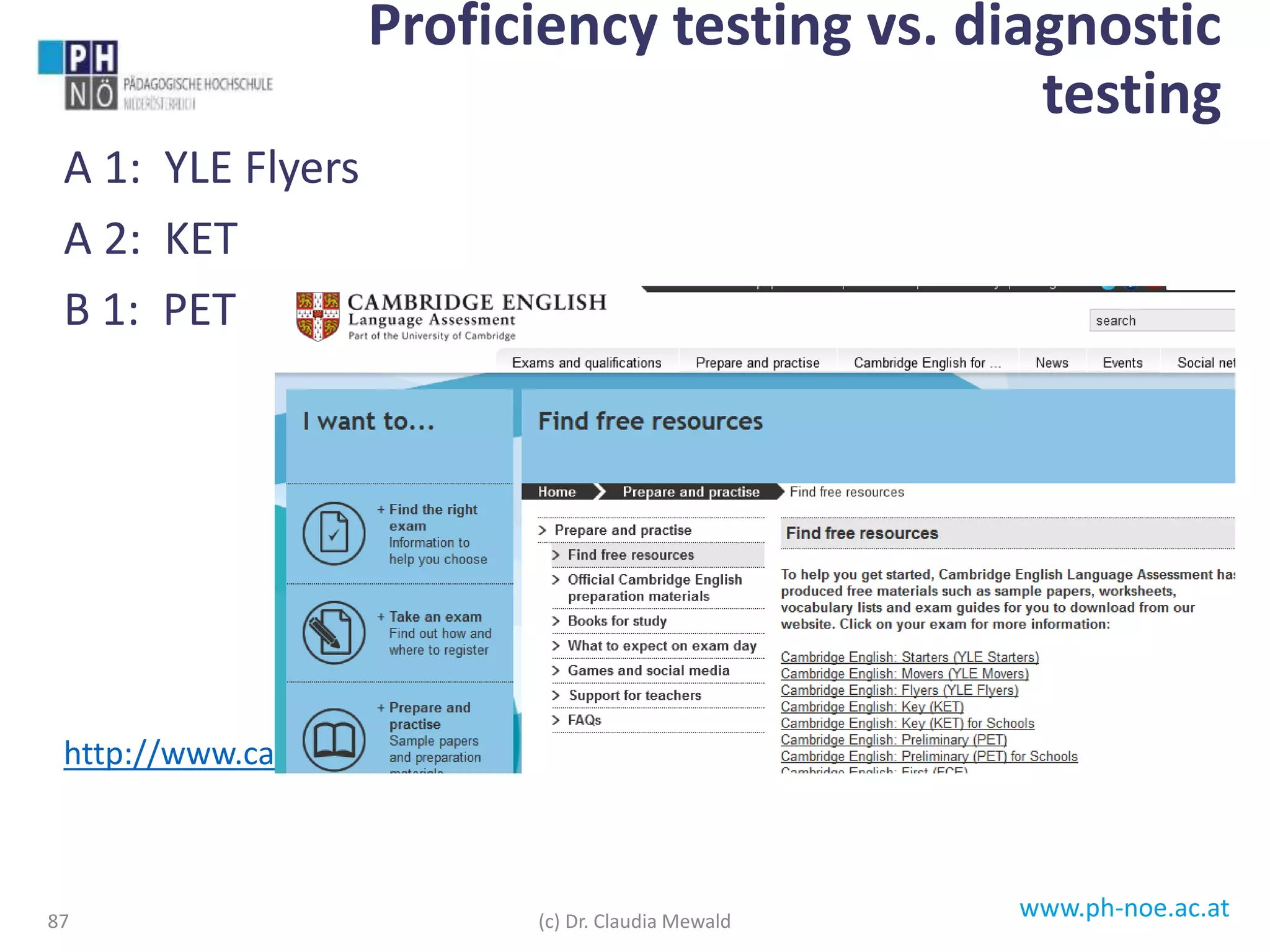 www.ph-noe.ac.at
A 1: YLE Flyers
A 2: KET
B 1: PET
http://www.cambridgeenglish.org/prepare-and-practise/find-free-resources/
87
Proficiency testing vs. diagnostic
testing
(c) Dr. Claudia Mewald
 