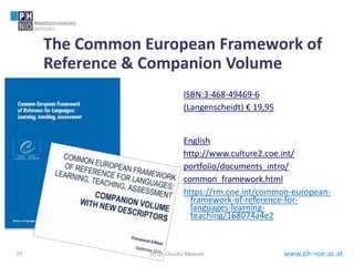 www.ph-noe.ac.at
The Common European Framework of
Reference & Companion Volume
ISBN:3-468-49469-6
(Langenscheidt) € 19,95
English
http://www.culture2.coe.int/
portfolio/documents_intro/
common_framework.html
https://rm.coe.int/common-european-
framework-of-reference-for-
languages-learning-
teaching/168074a4e2
23 (c) Dr. Claudia Mewald
 