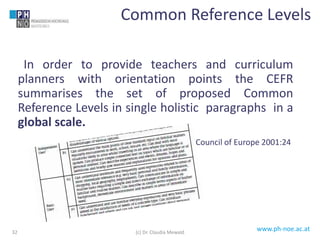 www.ph-noe.ac.at
In order to provide teachers and curriculum
planners with orientation points the CEFR
summarises the set of proposed Common
Reference Levels in single holistic paragraphs in a
global scale.
Council of Europe 2001:24
Common Reference Levels
(c) Dr. Claudia Mewald32
 