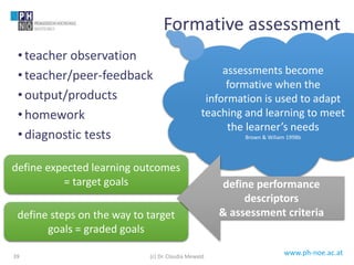 www.ph-noe.ac.at
• teacher observation
• teacher/peer-feedback
• output/products
• homework
• diagnostic tests
39
Formative assessment
assessments become
formative when the
information is used to adapt
teaching and learning to meet
the learner’s needs
Brown & Wiliam 1998b
define expected learning outcomes
= target goals
define steps on the way to target
goals = graded goals
define performance
descriptors
& assessment criteria
(c) Dr. Claudia Mewald
 
