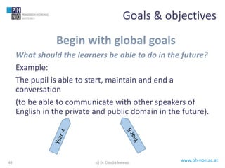 www.ph-noe.ac.at
Begin with global goals
What should the learners be able to do in the future?
Example:
The pupil is able to start, maintain and end a
conversation
(to be able to communicate with other speakers of
English in the private and public domain in the future).
Goals & objectives
(c) Dr. Claudia Mewald48
 