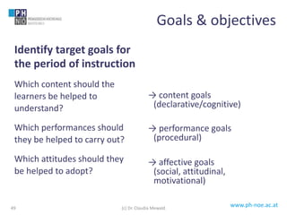 www.ph-noe.ac.at
Identify target goals for
the period of instruction
Which content should the
learners be helped to
understand?
Which performances should
they be helped to carry out?
Which attitudes should they
be helped to adopt?
→ content goals
(declarative/cognitive)
→ performance goals
(procedural)
→ affective goals
(social, attitudinal,
motivational)
Goals & objectives
(c) Dr. Claudia Mewald49
 