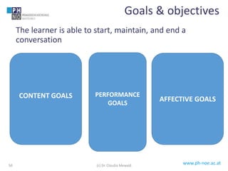 www.ph-noe.ac.at
The learner is able to start, maintain, and end a
conversation
Goals & objectives
CONTENT GOALS PERFORMANCE
GOALS
AFFECTIVE GOALS
(c) Dr. Claudia Mewald50
 