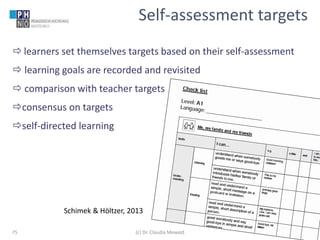 www.ph-noe.ac.at
 learners set themselves targets based on their self-assessment
 learning goals are recorded and revisited
 comparison with teacher targets
consensus on targets
self-directed learning
Self-assessment targets
Schimek & Höltzer, 2013
(c) Dr. Claudia Mewald75
 