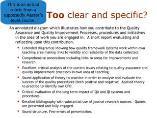 Too clear and specific?
Task-2
An annotated diagram which illustrates how you contribute to the Quality
Assurance and Quality Improvement Processes, procedures and initiatives
in the area of work you are engaged in. A short report evaluating and
reflecting upon this contribution.
 Extended diagram(s) showing how quality framework systems work within own
teaching area making links to validity and reliability of the data collected.
 Comprehensive annotations including links to areas for improvements and
research.
 Excellent critical analysis of the current issues relating to quality assurance and
quality improvement processes in own area of teaching.
 Sound application of theory to practice in order to analyse and evaluate the
success of the quality procedures (both positive and negative) Applied theory
to practice to identify own CPD.
 Critical evaluation of the long term impact of QA and QI systems and
procedures.
 Detailed bibliography with substantial use of journal research sources. Quotes
are presented and fully engaged.
 Sound structure. Few errors of presentation.
This is an actual
rubric from a
supposedly Master’s
level course.
 