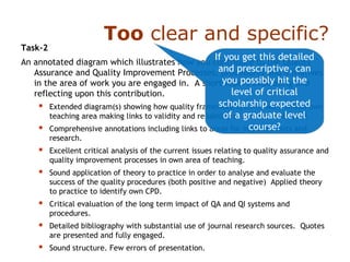 Too clear and specific?
Task-2
An annotated diagram which illustrates how you contribute to the Quality
Assurance and Quality Improvement Processes, procedures and initiatives
in the area of work you are engaged in. A short report evaluating and
reflecting upon this contribution.
 Extended diagram(s) showing how quality framework systems work within own
teaching area making links to validity and reliability of the data collected.
 Comprehensive annotations including links to areas for improvements and
research.
 Excellent critical analysis of the current issues relating to quality assurance and
quality improvement processes in own area of teaching.
 Sound application of theory to practice in order to analyse and evaluate the
success of the quality procedures (both positive and negative) Applied theory
to practice to identify own CPD.
 Critical evaluation of the long term impact of QA and QI systems and
procedures.
 Detailed bibliography with substantial use of journal research sources. Quotes
are presented and fully engaged.
 Sound structure. Few errors of presentation.
If you get this detailed
and prescriptive, can
you possibly hit the
level of critical
scholarship expected
of a graduate level
course?
 