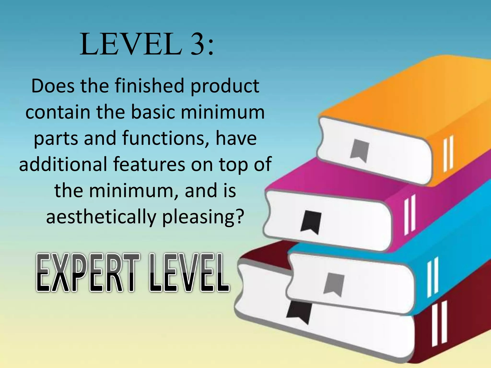 LEVEL 3:
Does the finished product
contain the basic minimum
parts and functions, have
additional features on top of
the minimum, and is
aesthetically pleasing?
 