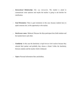 -   Interactional Relationship: One way interaction. The student is asked to
    communicate some opinions and maybe the teacher is going to ask him/her for
    clarification.




-   Goal Orientation: There is goal orientation in this case, because students have to
    speak someone else, in this opportunity to the teacher.




-   Interlocutor status: Balanced. Because the three participant here (both students and
    the teacher) know each other.




-   Familiarity: In this case the familiarity is high between both students because they
    selected their partner and probably they choose a friend. Unlike the familiarity
    between students and the teacher which is balanced.




-   Topics: Personal information likes and dislikes.
 