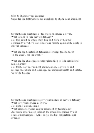 Step 5: Shaping your argument
Consider the following focus questions to shape your argument
Strengths and weakness of face to face service delivery
What is face to face service delivery?
e.g. this could be where staff live and work within the
community or where staff undertake remote community visits to
deliver services.
What are the benefits of delivering services face to face?
To the client, for the worker
What are the challenges of delivering face to face services to
remote areas?
e.g. Cost, staff recruitment and retention, staff skills and
resilience, culture and language, occupational health and safety,
work/life balance
Strengths and weaknesses of virtual models of service delivery
What is virtual service delivery?
e.g. phone, online, skype
What kind of services can be enhanced by technology?
Accessing information through the internet (community and
client empowerment), Apps, social media (connections and
groups)
 