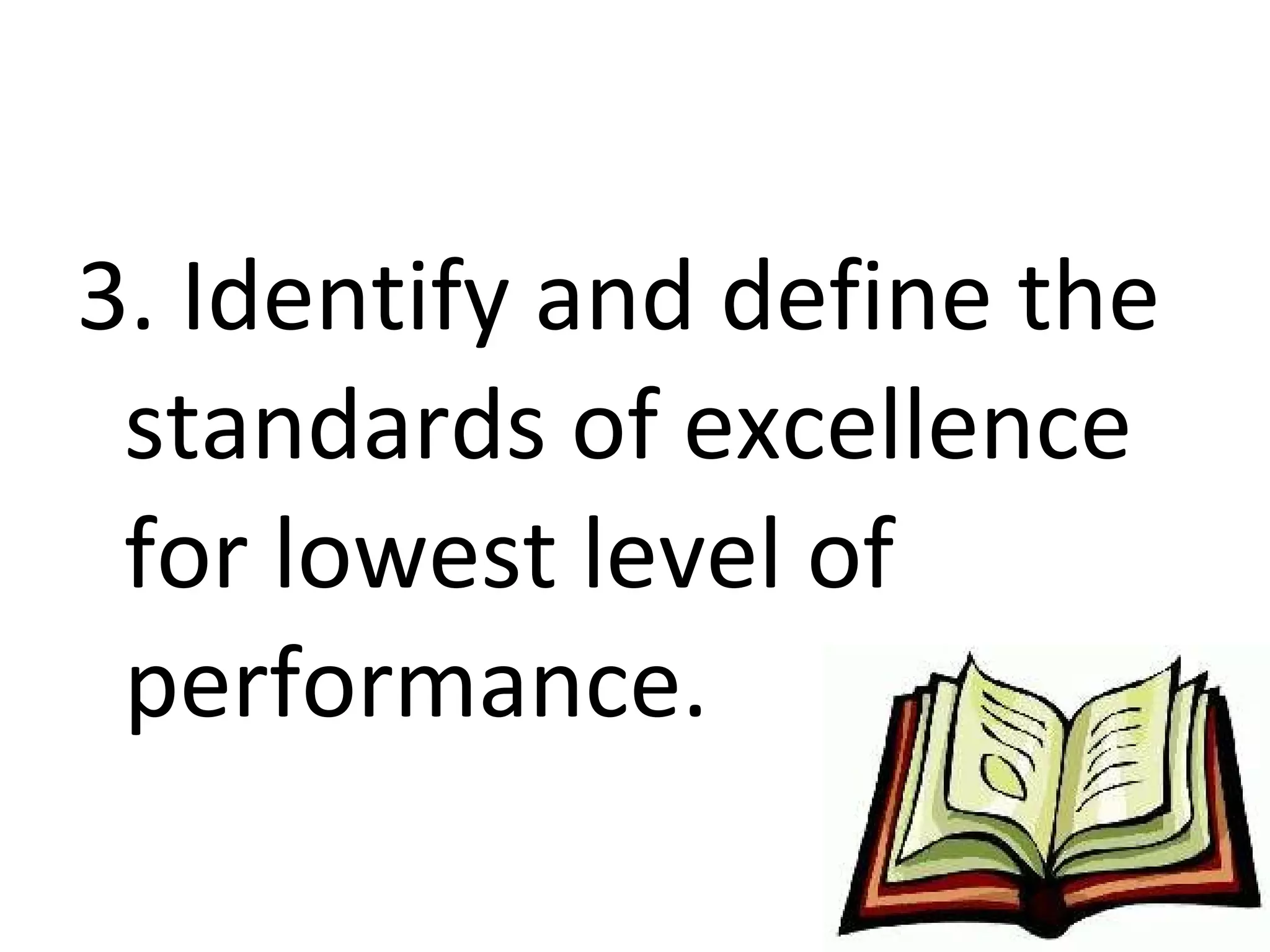 3. Identify and define the
 standards of excellence
 for lowest level of
 performance.
 