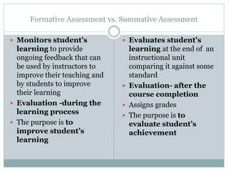 Formative Assessment vs. Summative Assessment
 Monitors student’s
learning to provide
ongoing feedback that can
be used by instructors to
improve their teaching and
by students to improve
their learning
 Evaluation -during the
learning process
 The purpose is to
improve student’s
learning
 Evaluates student’s
learning at the end of an
instructional unit
comparing it against some
standard
 Evaluation- after the
course completion
 Assigns grades
 The purpose is to
evaluate student’s
achievement
 
