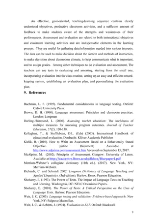 9
An effective, goal-oriented, teaching-learning sequence contains clearly
understood objectives, productive classroom activities, and a sufficient amount of
feedback to make students aware of the strengths and weaknesses of their
performances. Assessment and evaluation are related to both instructional objectives
and classroom learning activities and are indispensable elements in the learning
process. They are useful for gathering data/information needed into various interests.
The data can be used to make decision about the content and methods of instruction,
to make decisions about classrooms climate, to help communicate what is important,
and to assign grades. Among other techniques to do evaluation and assessment, The
teachers can use tests to evaluating and assessing, starting from the small one,
incorporating evaluation into the class routine, setting up an easy and efficient record-
keeping system, establishing an evaluation plan, and personalizing the evaluation
plan.
9. References
Bachman, L. F. (1995). Fundamental considerations in language testing. Oxford:
Oxford University Press.
Brown, D. H. (1990). Language assessment: Principles and classroom practices.
London: Longman
Darling-Hammond, L. (2006). Assessing teacher education: The usefulness of
multiple measures for assessing program outcomes. Journal of Teacher
Education, 57(2), 120-138.
Kellaghan, T., & Stufflebean, D.L. (Eds) (2003). International Handbook of
educational evaluation. Dordrecht: Klüver Academic Publisher
Kizlik, B. (2010). How to Write an Assessment Based on a Behaviorally Stated
Objective. [online Document] Available at
http://www.adprima.com/assessment.htm Accessed on September 15, 2017.
McAlpine, M. (2002). Principles of Assessment. Glasgow: University of Luton.
Available at http://caacentre.lboro.ac.uk/dldocs/Bluepaper1.pdf	
Merriam-Webster’s collegiate dictionary (11th ed.). (2017). New York, NY:
Merriam-Webster.
Richards, C. and Schmidt 2002. Longman Dictionary of Language Teaching and
Applied Linguistics. (3rd edition). Harlow, Essex: Pearson Education.
Shohamy, E. (1993). The Power of Tests. The Impact of Language Tests on Teaching
and Learning. Washington, DC: NFLC Occasional Papers..
Shohamy, E. (2001). The Power of Tests: A Critical Perspective on the Uses of
Language Tests. Harlow: Pearson Education.
Weir, J. C. (2005). Language testing and validation: Evidence-based approach. New
York, NY: Palgrave Macmillan.
Weir, J. C., & Roberts, J. (1994). Evaluation in ELT. Oxford: Blackwell
 